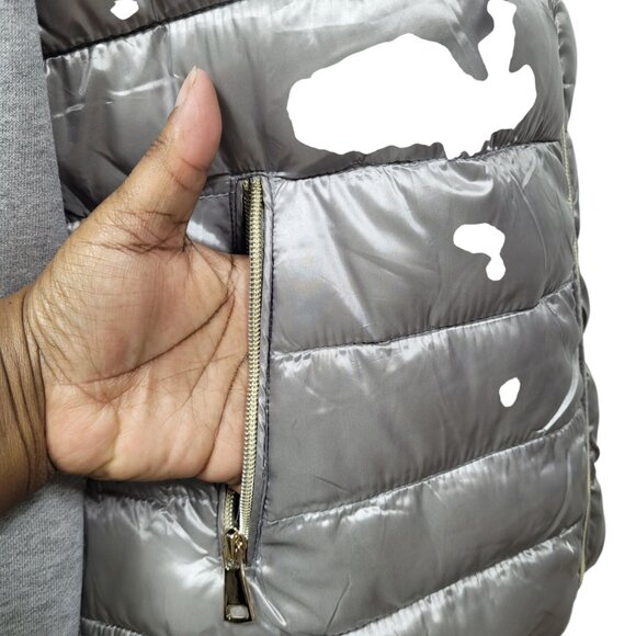 Frime Silver & Gray Puffer Jacket Women’s Size Medium Hooded Zip-Up - Picture 4 of 9